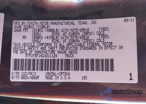 2012 Toyota Tundra Grade 5.7L V8 from USA, damaged, VIN 5TFUY5F14CX211124